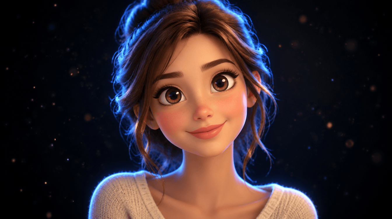 Personaje en 3D de película de animación de una mujer sonriente, con luz azul en el pelo y luz cálida en la cara.