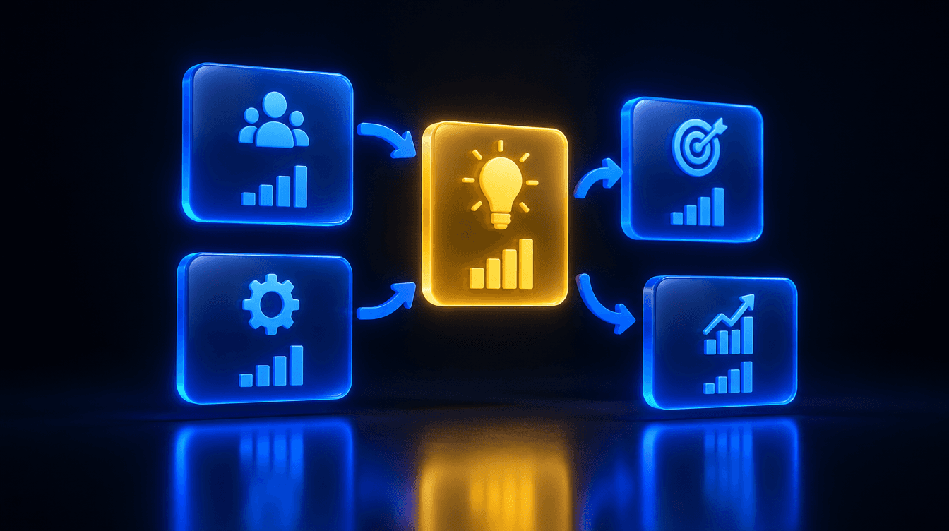 Panel de infografía en 3D con tarjetas, iconos y gráficos, iluminado en azul con una tarjeta amarilla destacada.