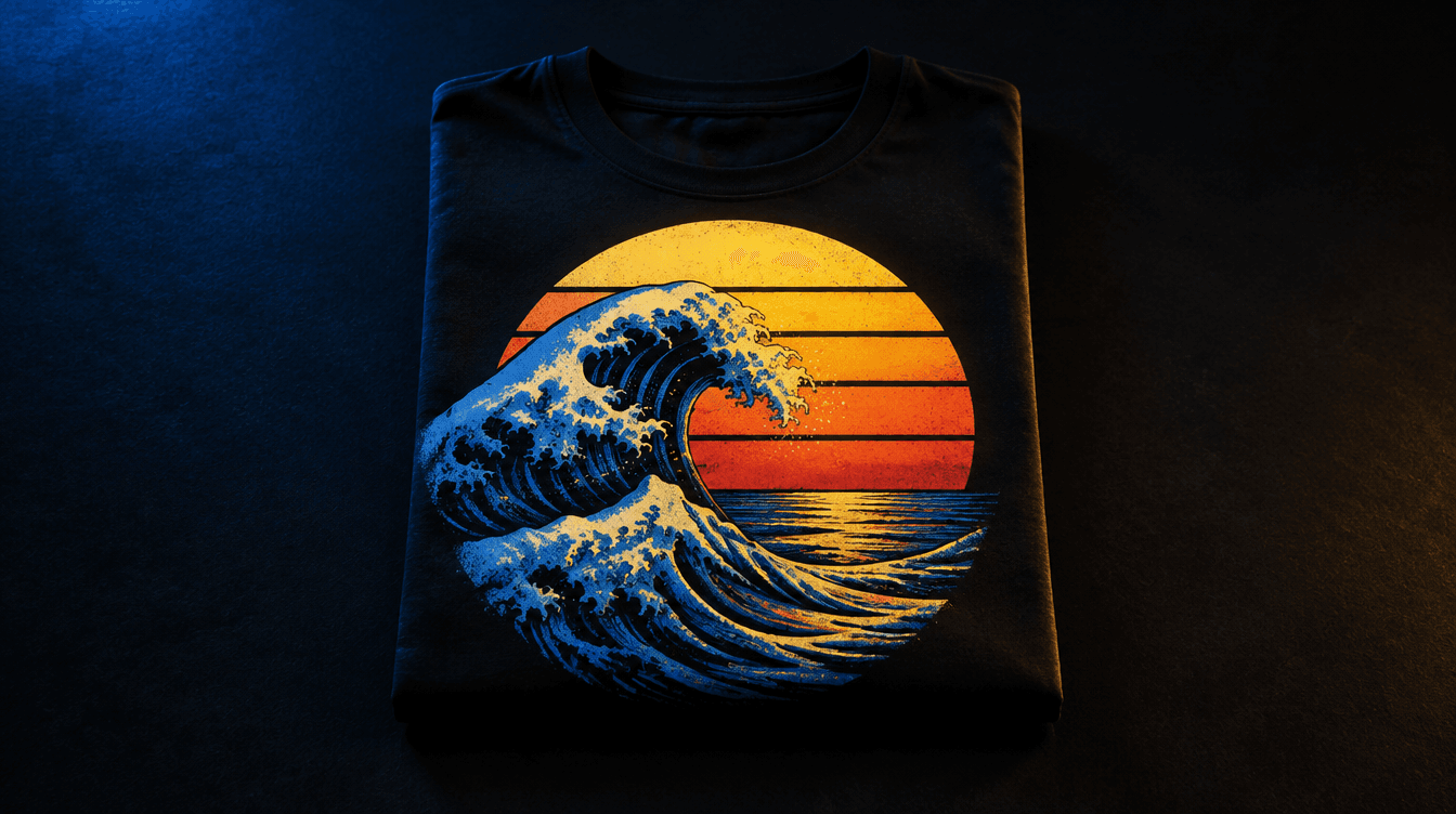 Camiseta negra doblada con un estampado retro de una ola y un sol, sobre fondo oscuro con luz azul y amarilla.