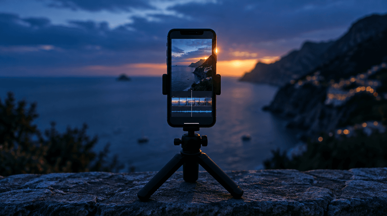 Un móvil sobre un pequeño trípode en un mirador junto al mar al anochecer, con un vídeo vertical en la pantalla.