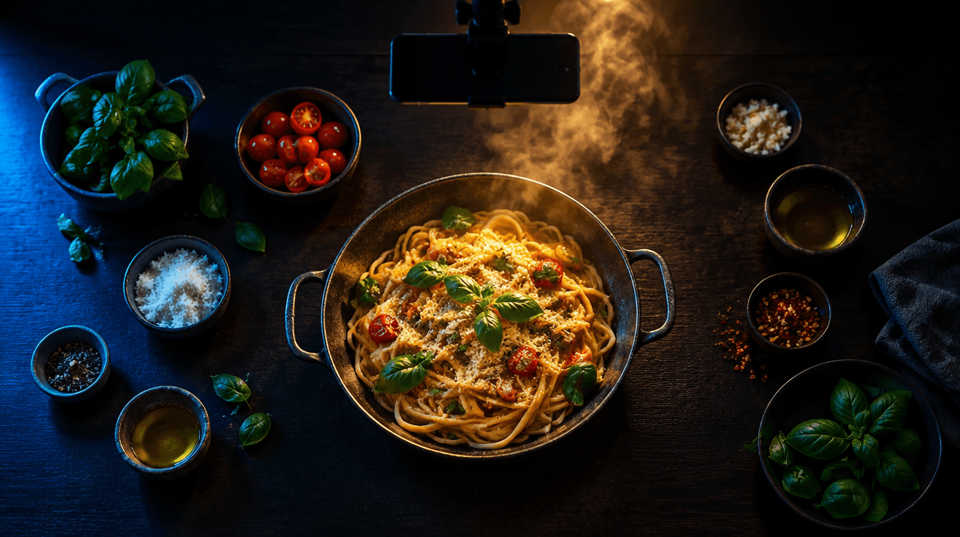 Vista cenital de una sartén con pasta y cuencos de ingredientes en una encimera oscura, con un móvil grabando desde arriba.