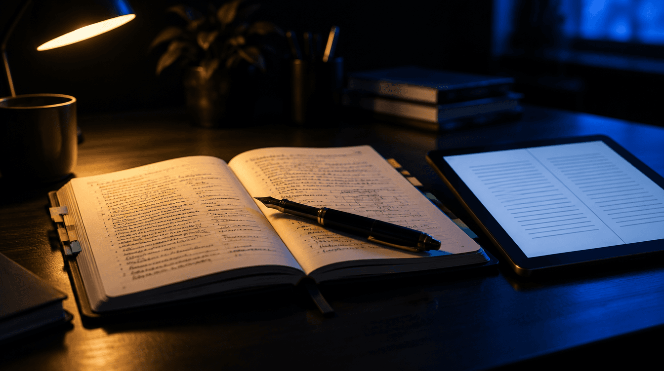 Un cuaderno abierto con notas a mano junto a una tableta con la página en blanco de un libro digital, sobre un escritorio oscuro.