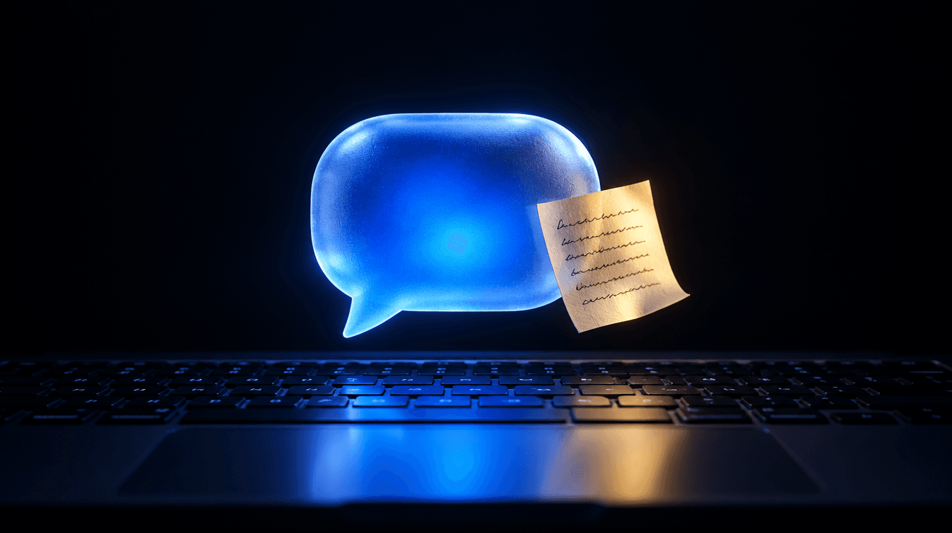 Un bocadillo de diálogo de cristal iluminado en azul flotando sobre el teclado de un portátil, junto a una nota de papel.