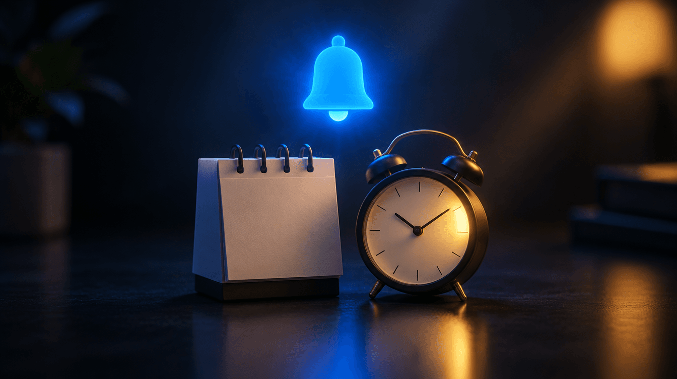 Un calendario de mesa y un reloj despertador sobre fondo oscuro, con una campana de aviso azul brillando encima.
