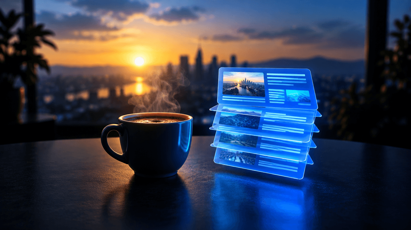Una taza de café junto a una pila de tarjetas digitales brillantes en azul, con luz amarilla de amanecer al fondo.