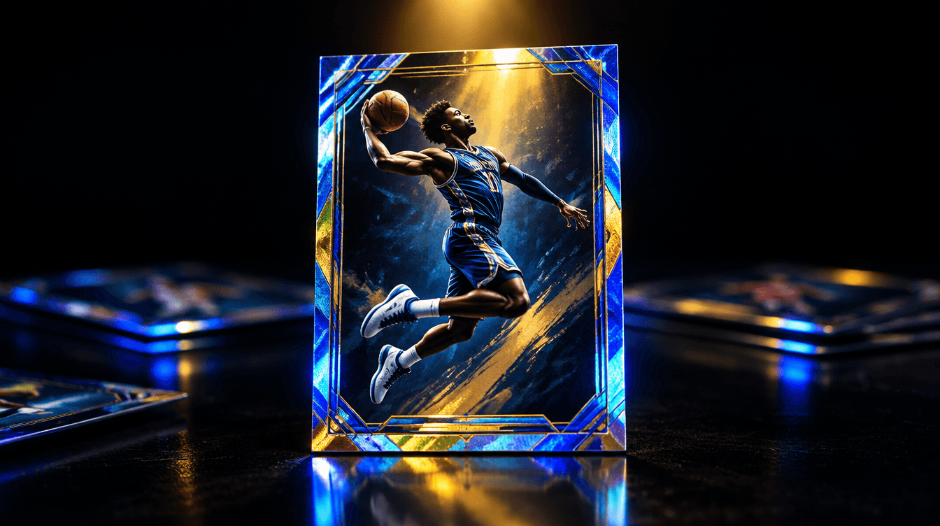 Un cromo coleccionable brillante de un deportista en pleno salto, iluminado con luz azul y amarilla sobre fondo oscuro.