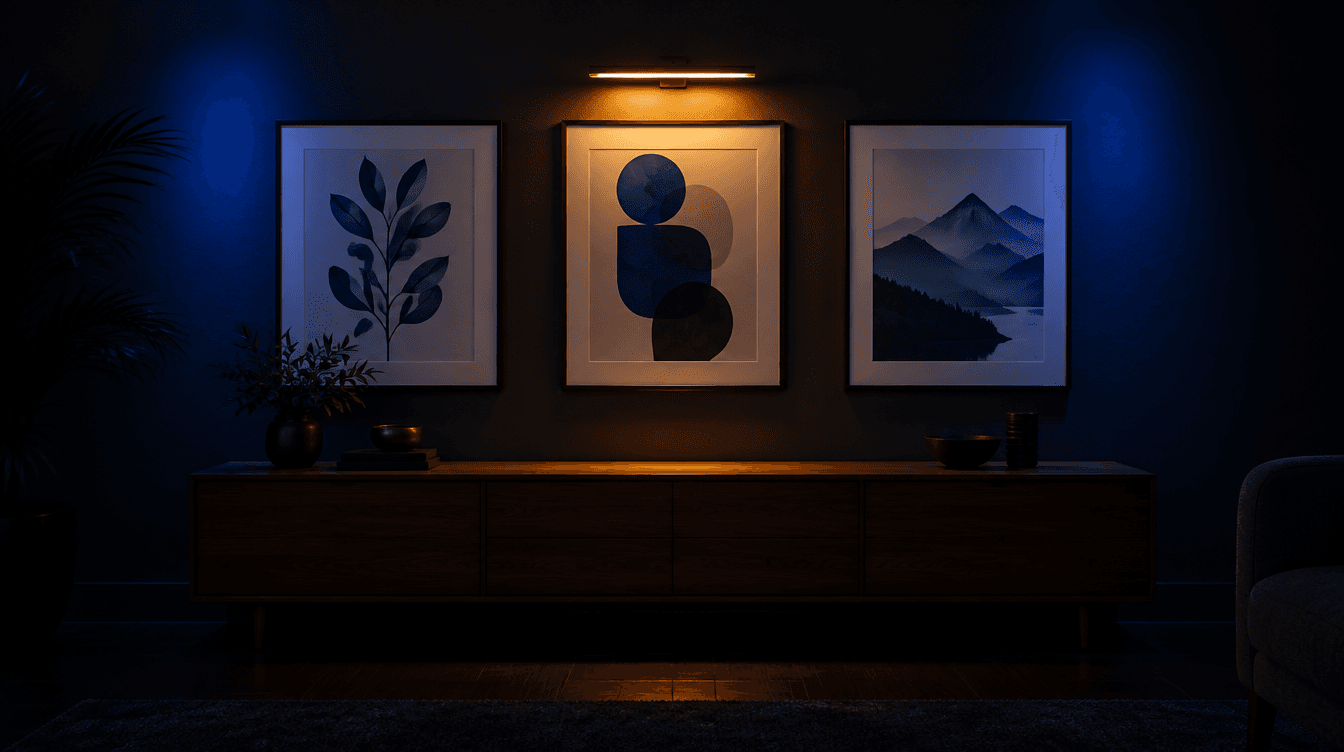 Tres láminas enmarcadas, una botánica, una abstracta y un paisaje, colgadas en una pared oscura con luz azul y amarilla.