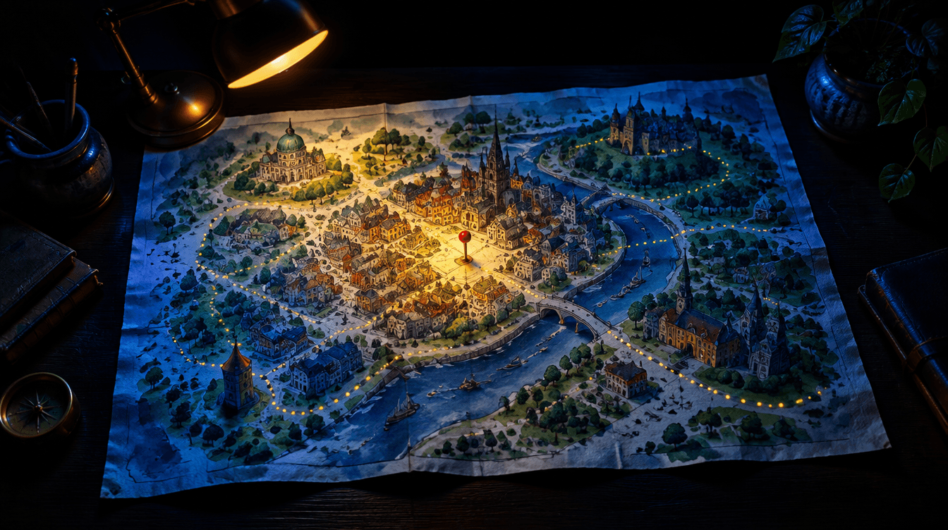 Un mapa ilustrado de una ciudad desplegado sobre una mesa oscura, con una ruta punteada y luz azul y amarilla.