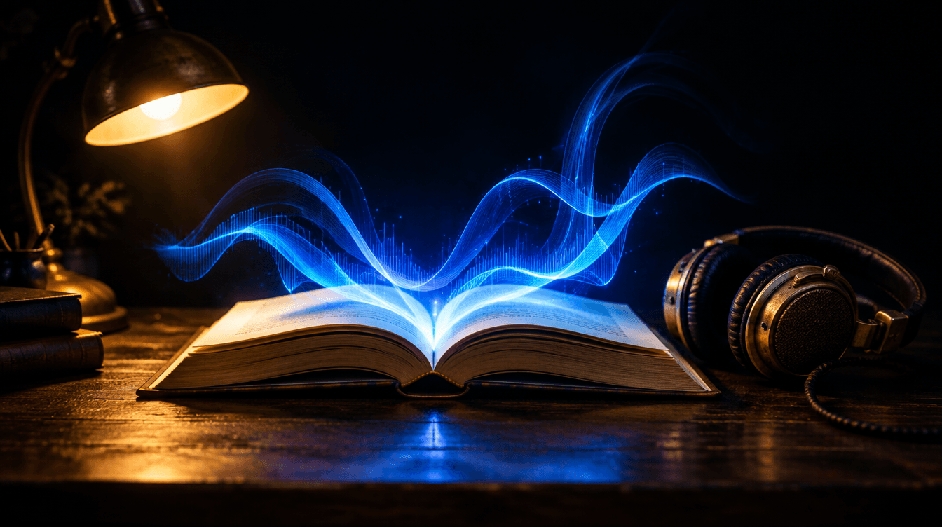 Un libro abierto del que salen ondas de sonido de luz azul, junto a unos auriculares y una lámpara amarilla.