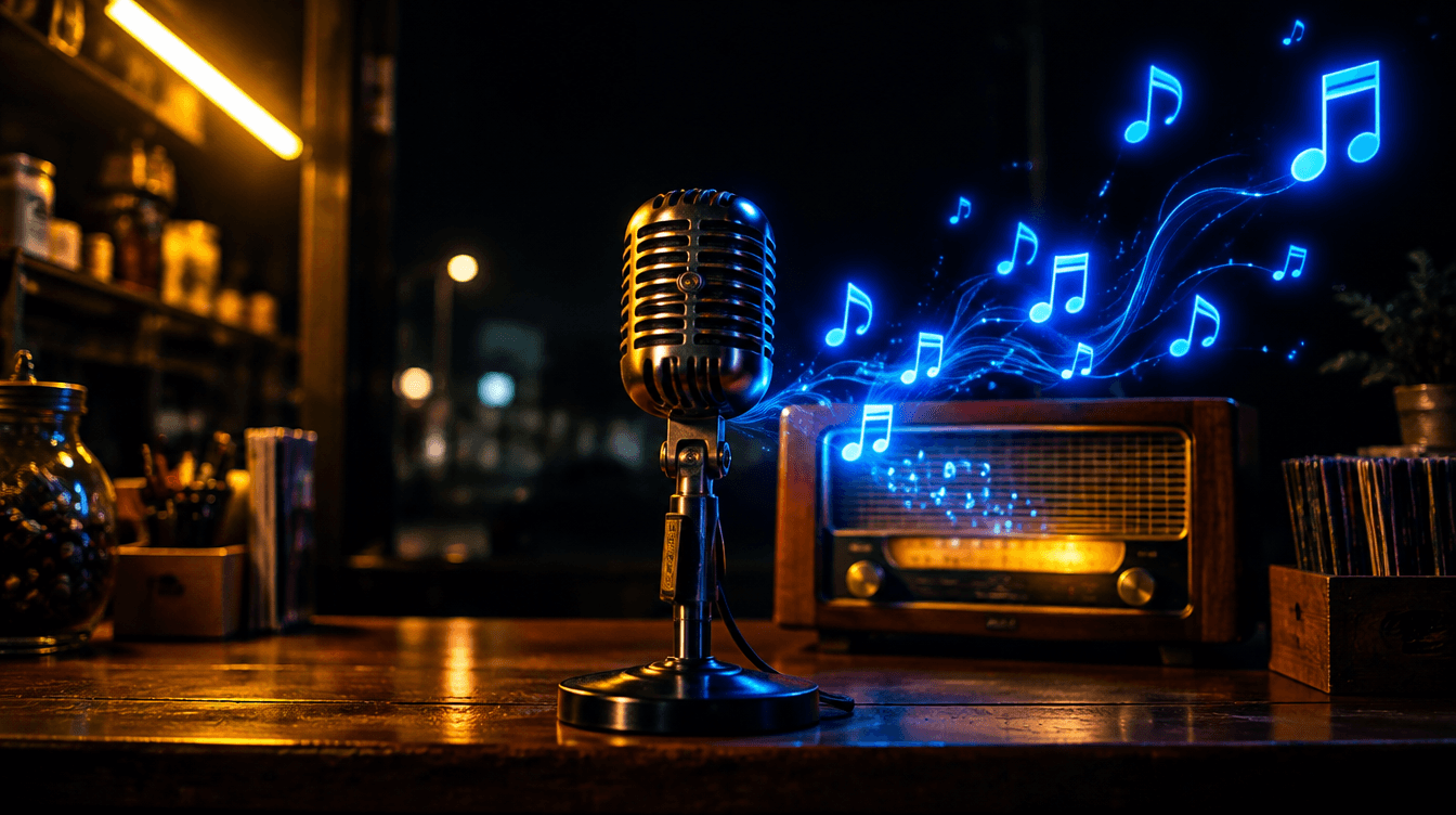 Un micrófono de estudio y una radio antigua de la que salen notas musicales de luz azul sobre un mostrador de tienda.