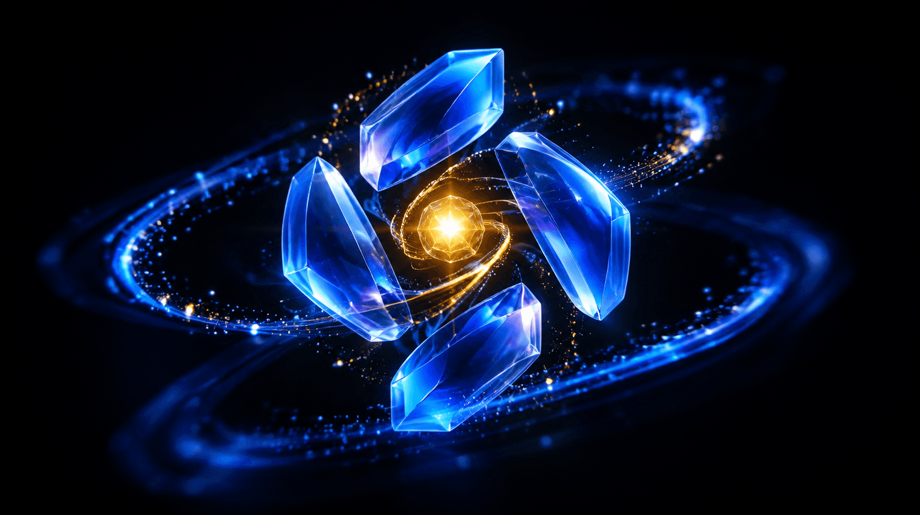 Un emblema abstracto de cristal formándose en el aire a partir de partículas de luz azul y una chispa amarilla.
