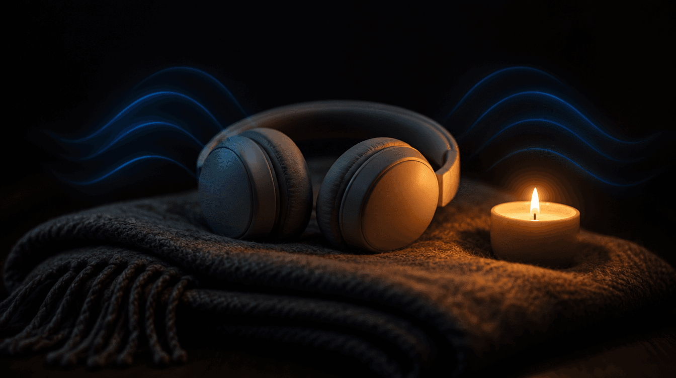 Unos auriculares sobre una manta junto a una vela encendida, con ondas de sonido azules flotando en la oscuridad.