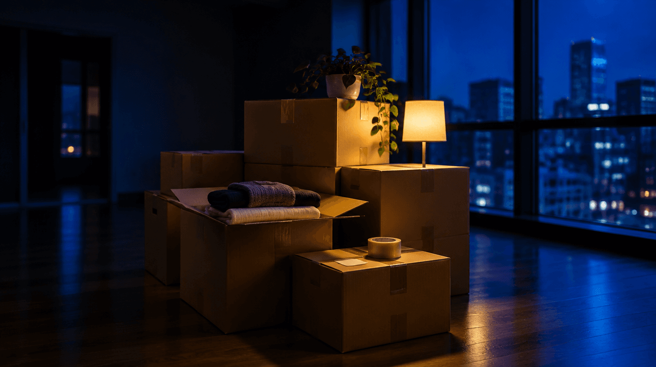 Cajas de mudanza apiladas en un piso vacío de noche, con luz azul de la ventana y una lámpara amarilla.
