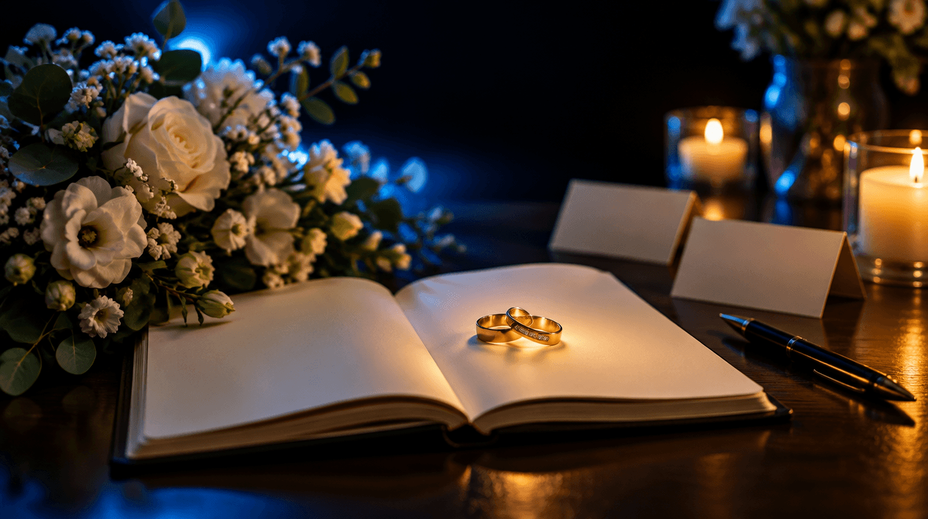 Mesa de planificación de boda con una libreta, dos alianzas doradas y flores blancas bajo luz azul y de vela.
