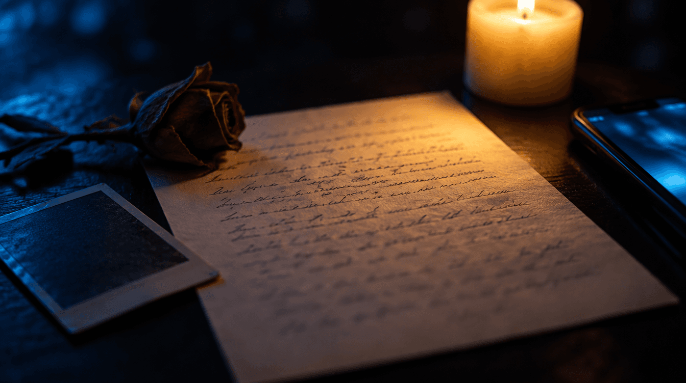 Carta escrita a mano junto a una rosa seca y un móvil, iluminada por una vela amarilla y luz azul.