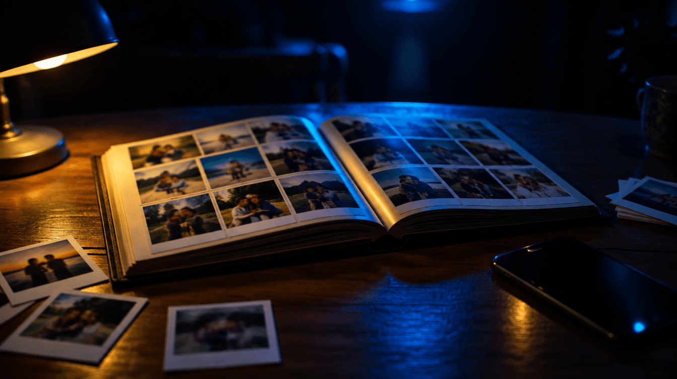 Álbum de fotos impreso abierto sobre una mesa de noche, con fotos sueltas y un móvil, bajo luz azul y amarilla.