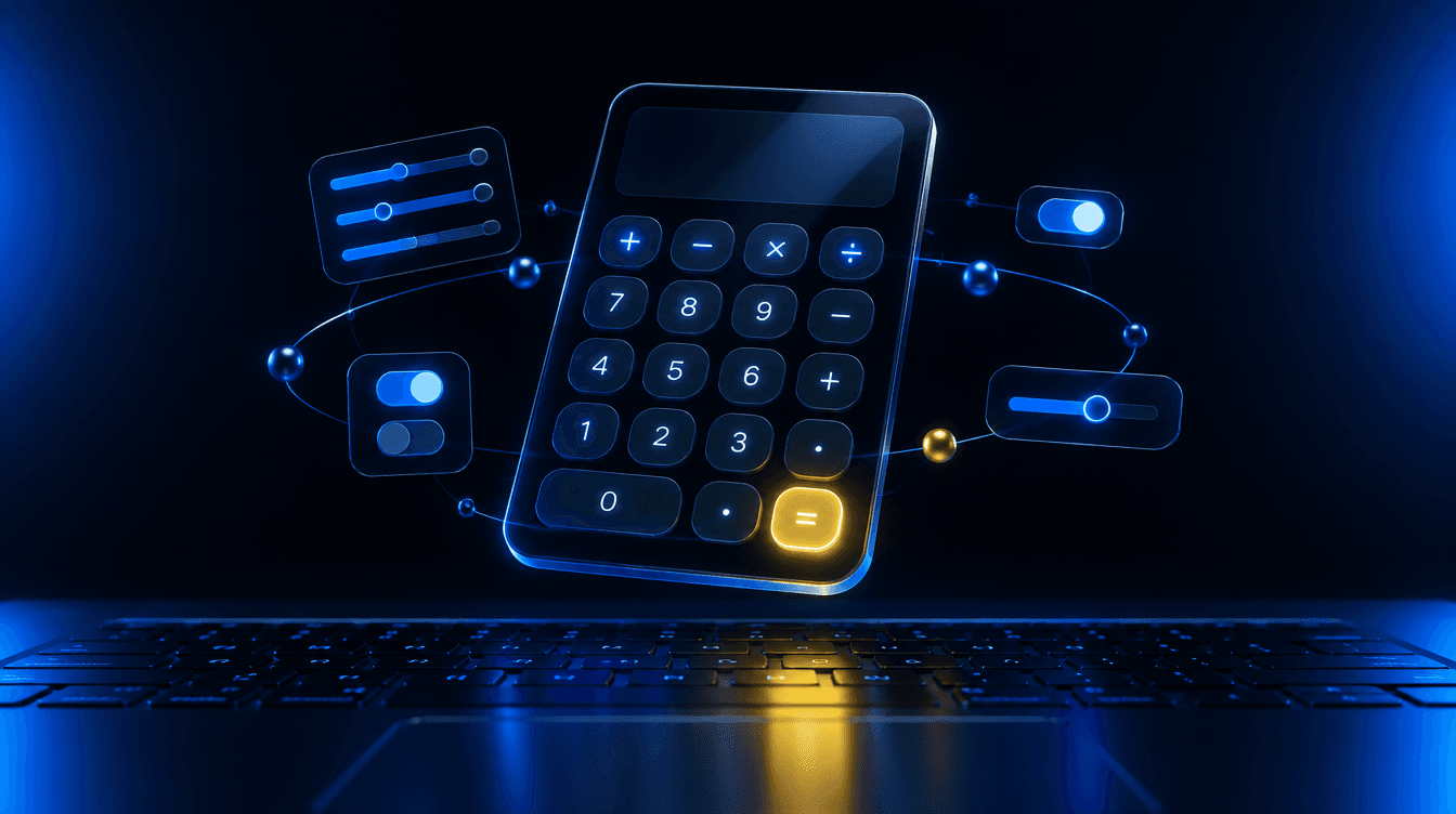 Una calculadora de cristal oscuro flotando sobre un teclado, rodeada de controles deslizantes, con luz azul y un botón amarillo encendido.