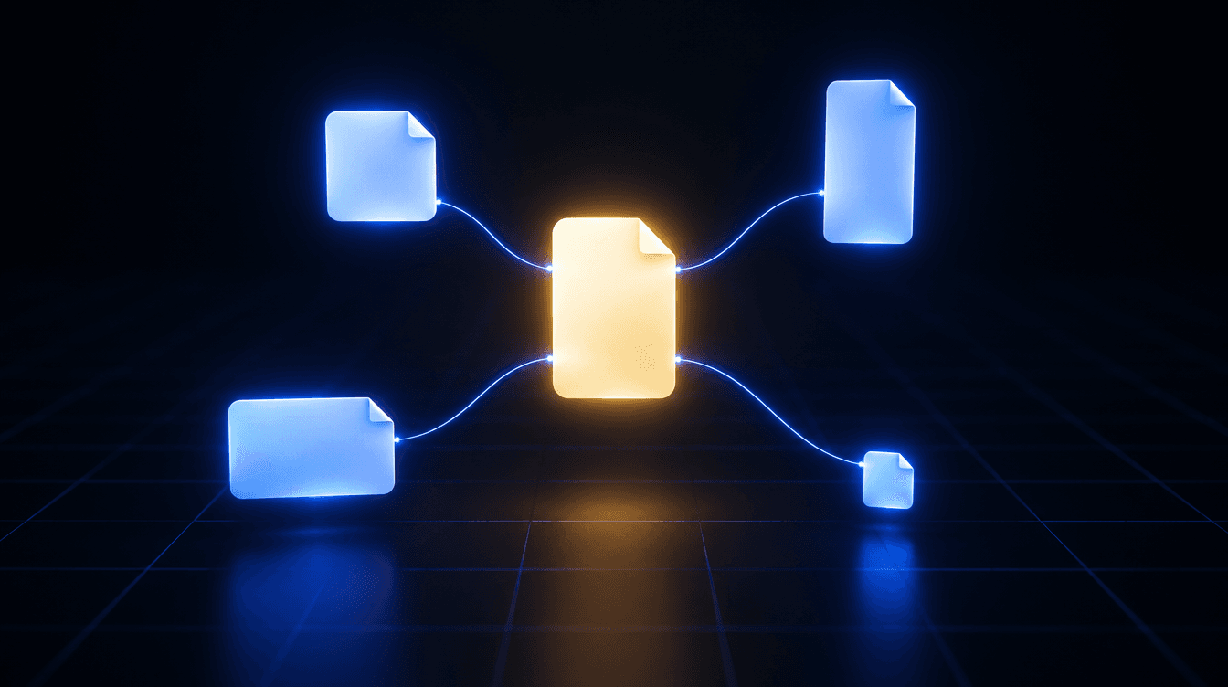 Una tarjeta luminosa en el centro que se divide en cuatro tarjetas de distintos formatos unidas por líneas de luz azul.