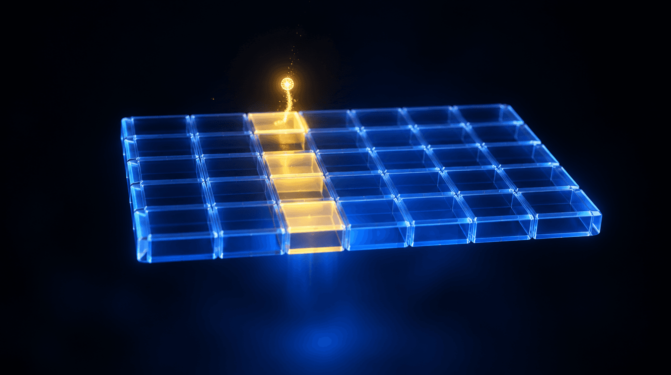 Una cuadrícula de hoja de cálculo de cristal flotando, con una chispa amarilla que va iluminando las celdas de una columna.
