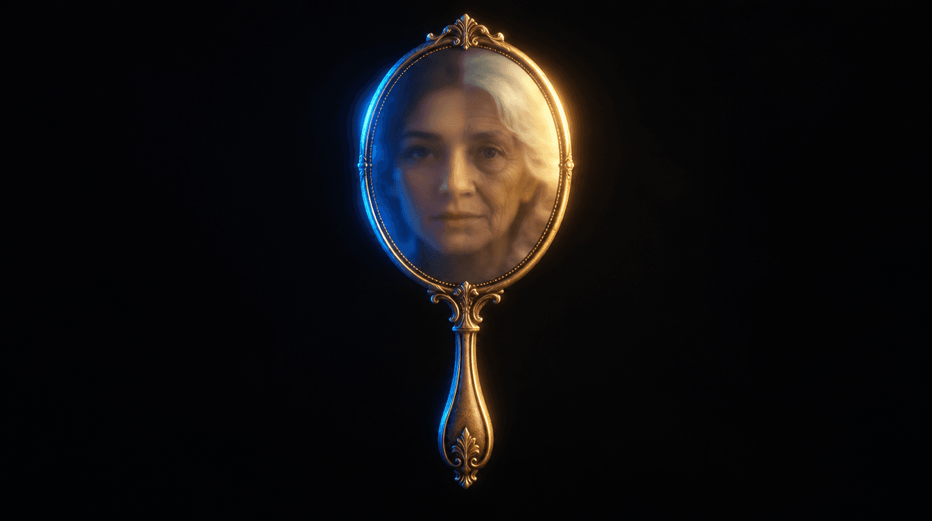 Espejo de mano sobre fondo oscuro que refleja un rostro mitad joven y mitad mayor, con luz azul y amarilla.