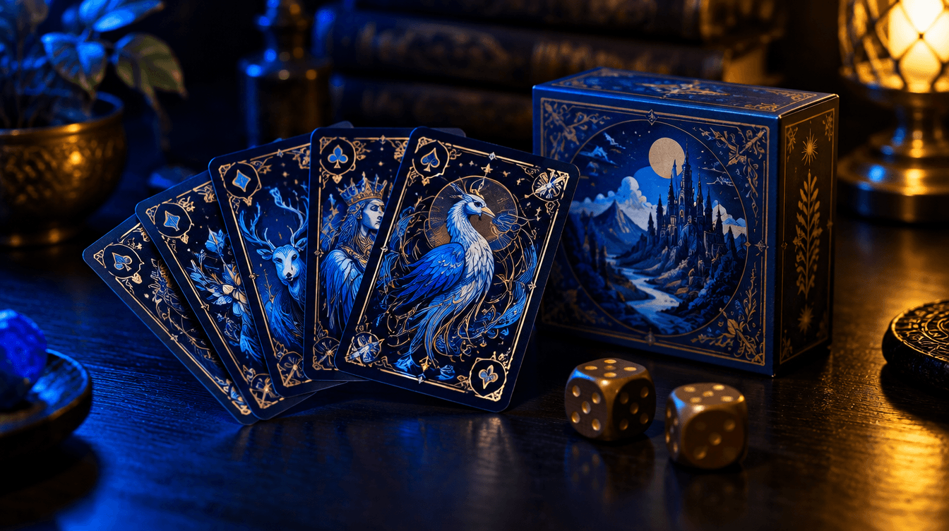 Abanico de cartas ilustradas y una caja de juego de mesa sobre una mesa oscura con luz azul y un toque amarillo.