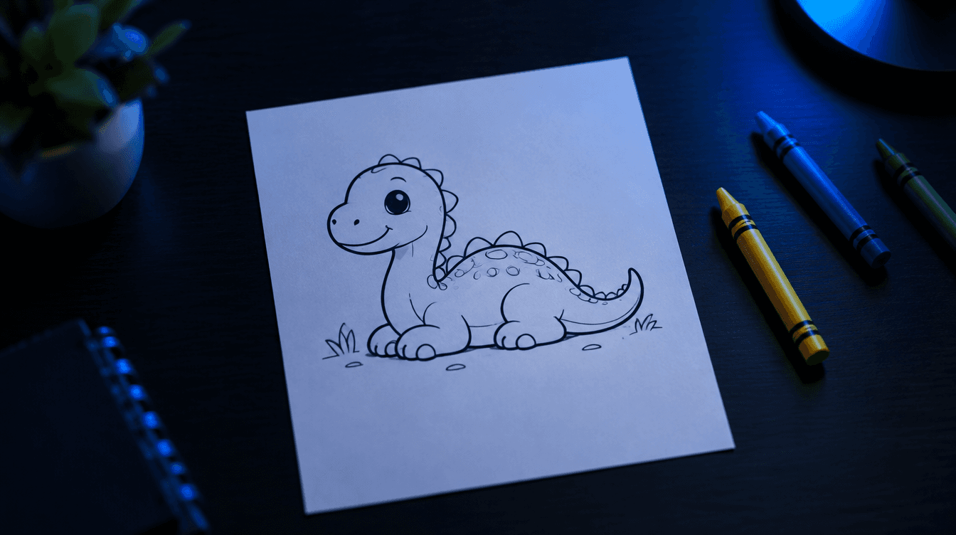 Lámina para colorear con un dinosaurio dibujado en líneas negras sobre una mesa oscura, junto a unas ceras de colores.
