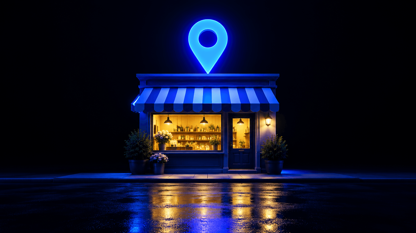 Pequeña tienda iluminada de noche con un gran marcador de mapa flotando sobre el tejado.