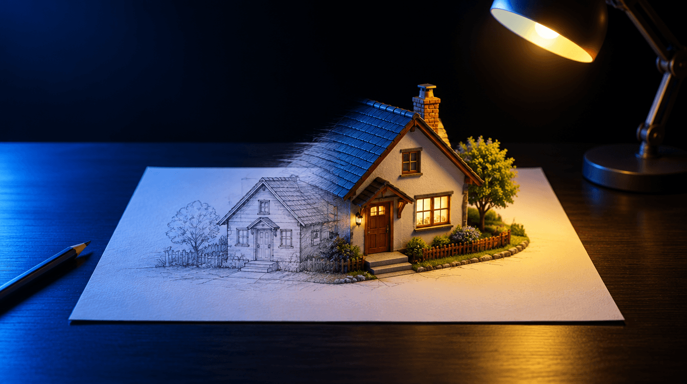Un boceto a lápiz de una casa que se transforma en una maqueta terminada sobre un escritorio oscuro.
