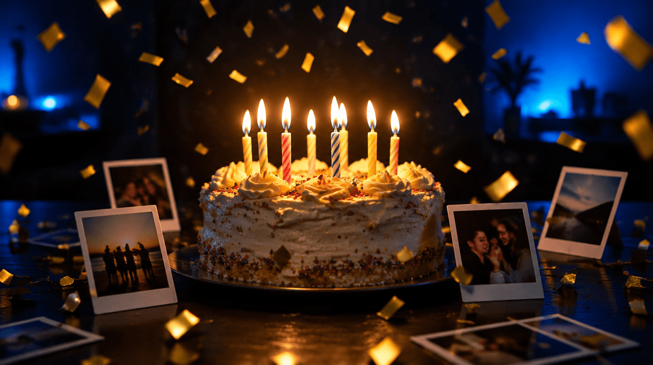 Una tarta de cumpleaños con velas encendidas rodeada de fotos pequeñas y confeti dorado sobre fondo oscuro.