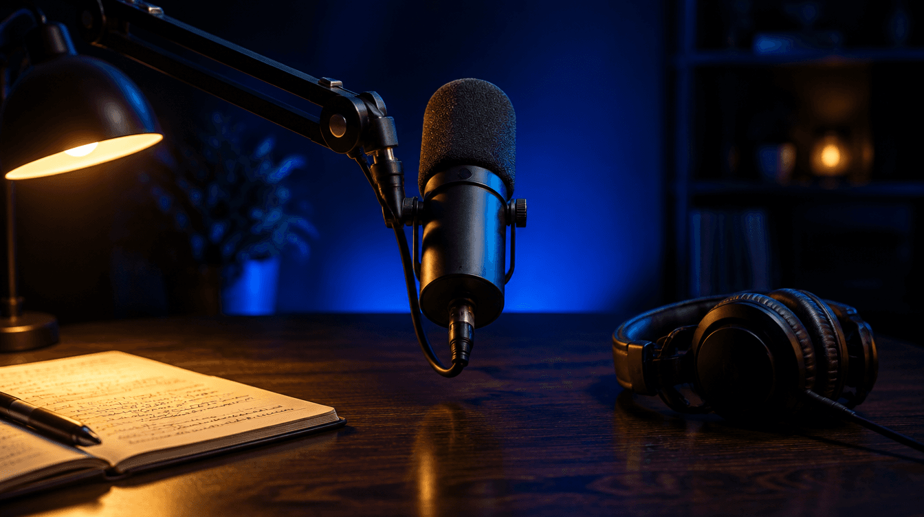 Un micrófono de pódcast junto a unos auriculares y una libreta con notas, con luz azul y amarilla.