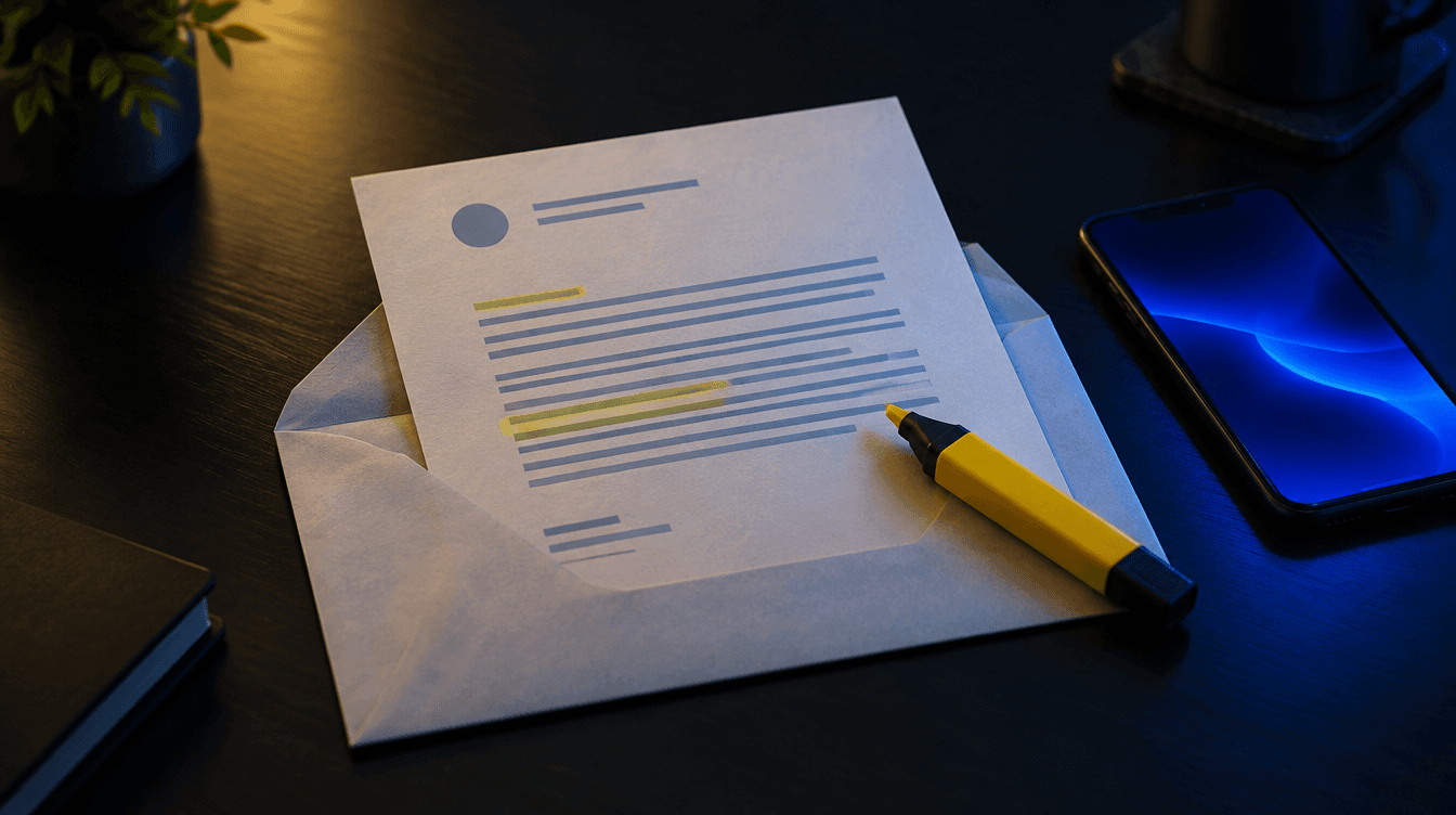 Una carta oficial abierta junto a un móvil iluminado en azul y un subrayador amarillo sobre una mesa oscura.