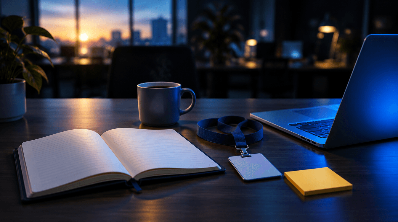 Un escritorio ordenado con cuaderno, café, una acreditación en blanco y un portátil iluminado en azul, con una nota adhesiva amarilla.
