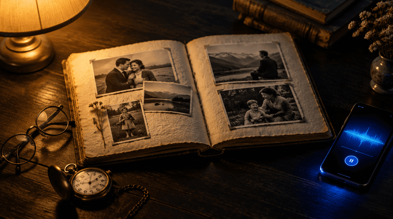 Un libro de recuerdos abierto con fotos antiguas, unas gafas y un móvil grabando, bajo una luz cálida sobre una mesa oscura.