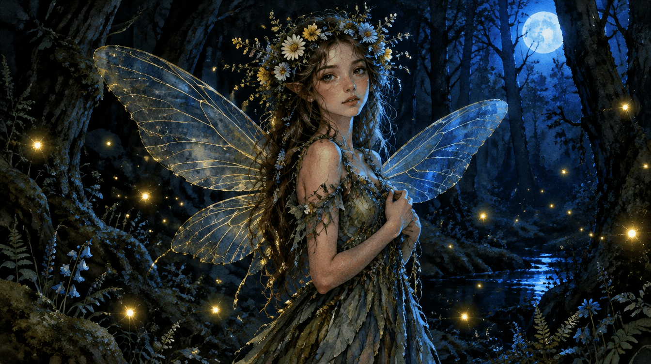 Ilustración de una mujer convertida en hada del bosque, con alas y corona de flores, entre luciérnagas amarillas y luz azul.
