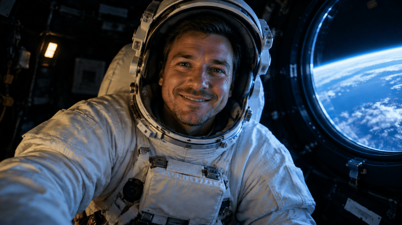 Hombre con traje de astronauta y el visor abierto flotando dentro de una nave, iluminado por la luz azul de la Tierra.