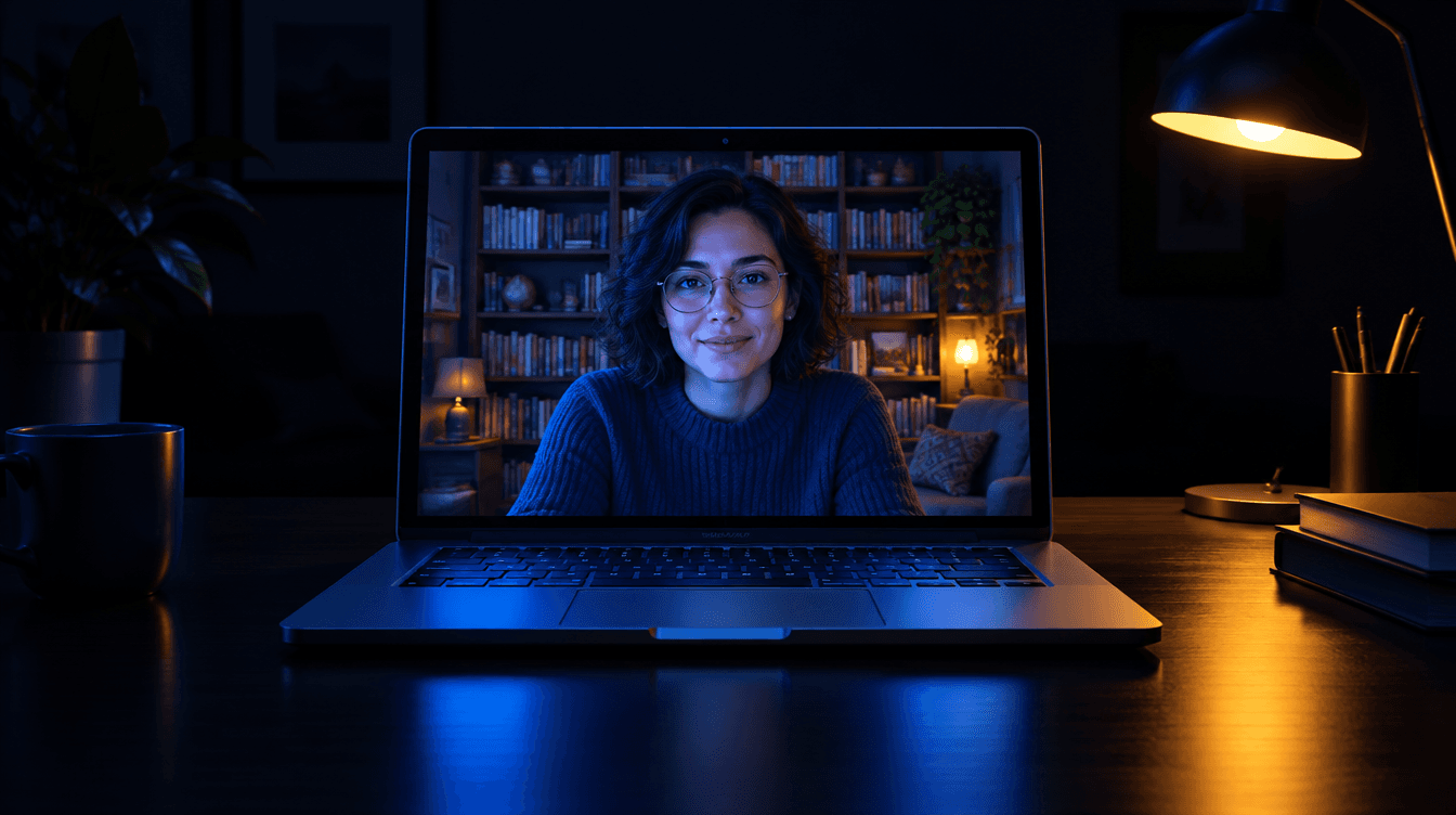 Portátil sobre una mesa oscura con una videollamada en pantalla y un fondo de biblioteca, iluminado por una lámpara amarilla.