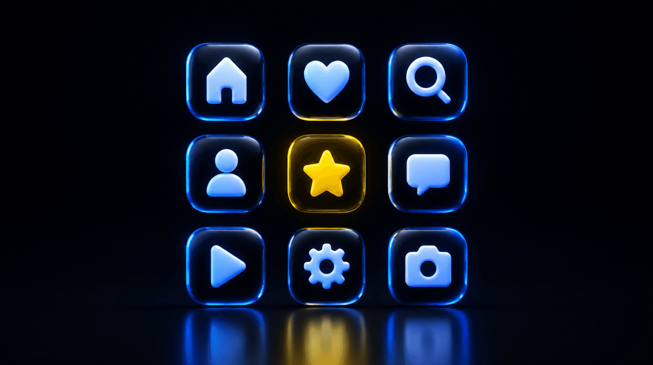 Cuadrícula de nueve iconos en 3D, azules y uno amarillo, flotando sobre un fondo oscuro.