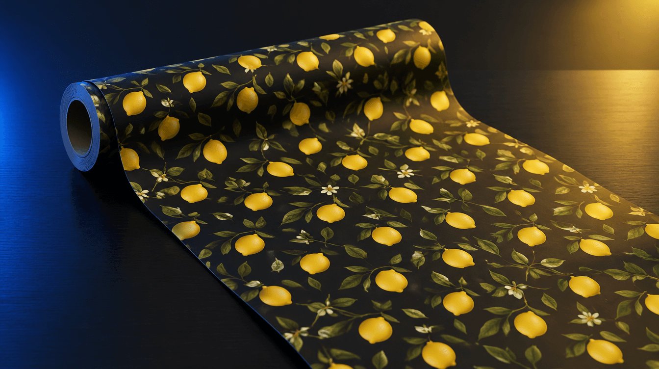 Rollo de papel de regalo con un estampado de limones que se repite, sobre una mesa oscura con luz azul y amarilla.