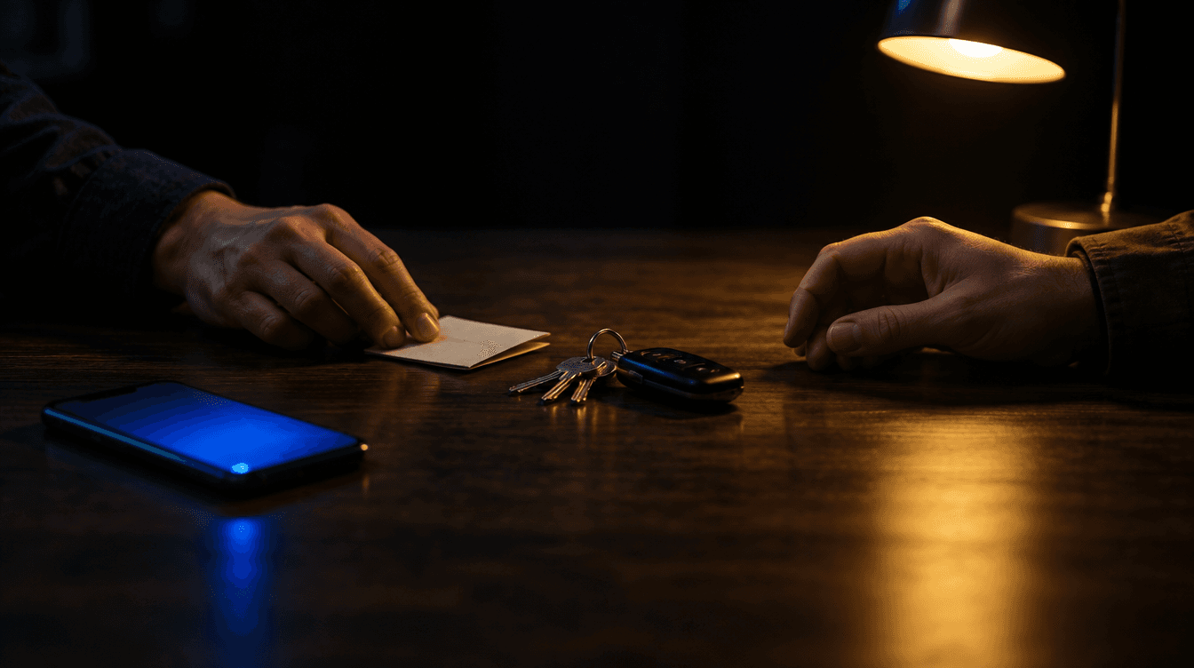 Dos manos sobre una mesa oscura con unas llaves de casa y de coche entre ellas y un móvil iluminado en azul.