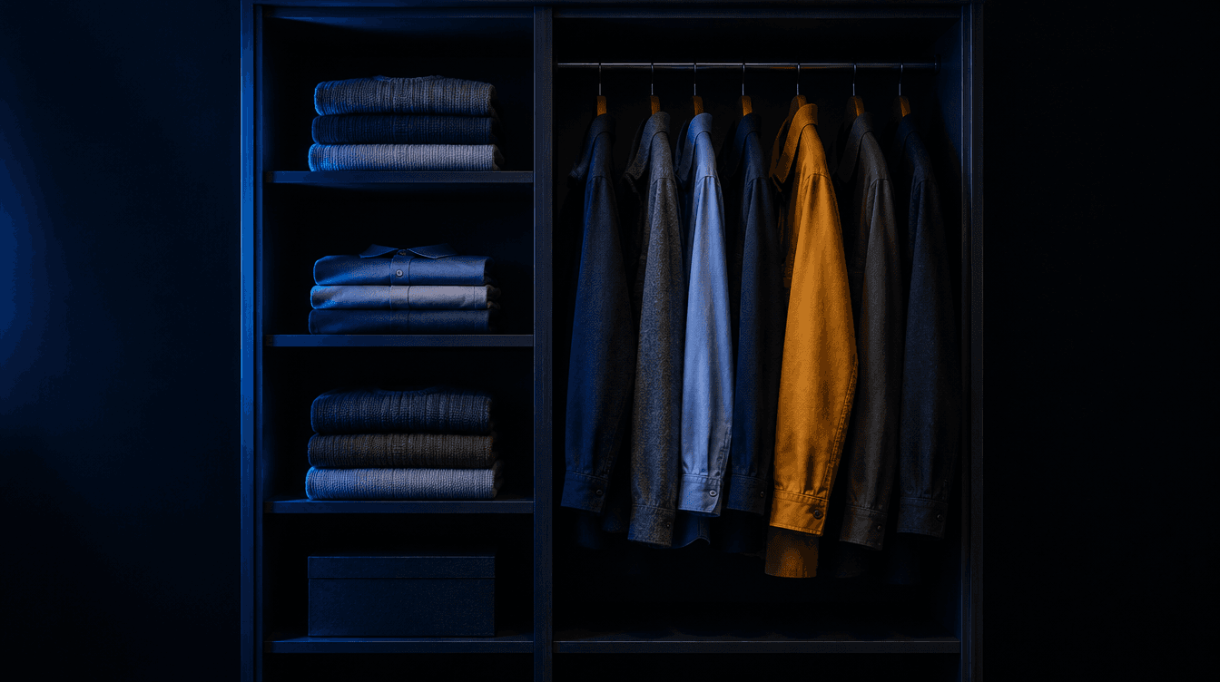 Un armario abierto y ordenado en penumbra, con luz azul y una chaqueta amarilla que destaca entre la ropa colgada.