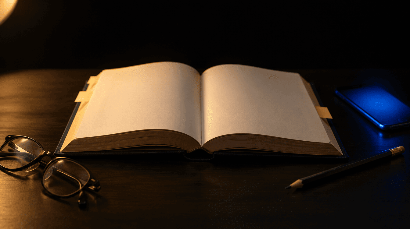 Un libro abierto con marcadores amarillos, unas gafas y un lápiz junto a un móvil iluminado en azul sobre una mesa oscura.