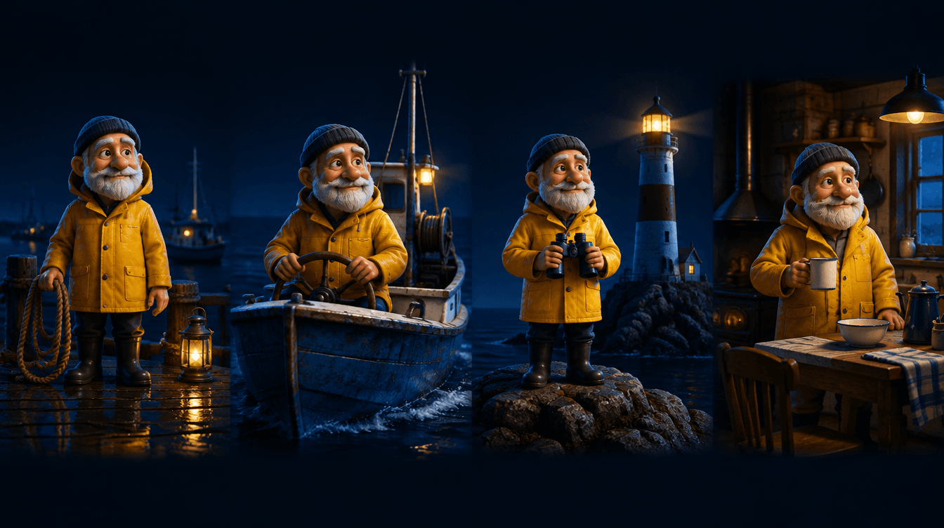 El mismo personaje animado, un pescador con chubasquero amarillo, repetido en cuatro escenas distintas como fotogramas.