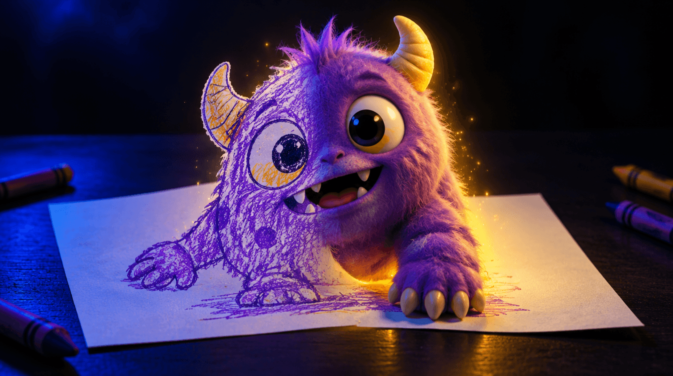 Un monstruo morado dibujado con ceras que sale del papel convertido en un personaje en 3D.