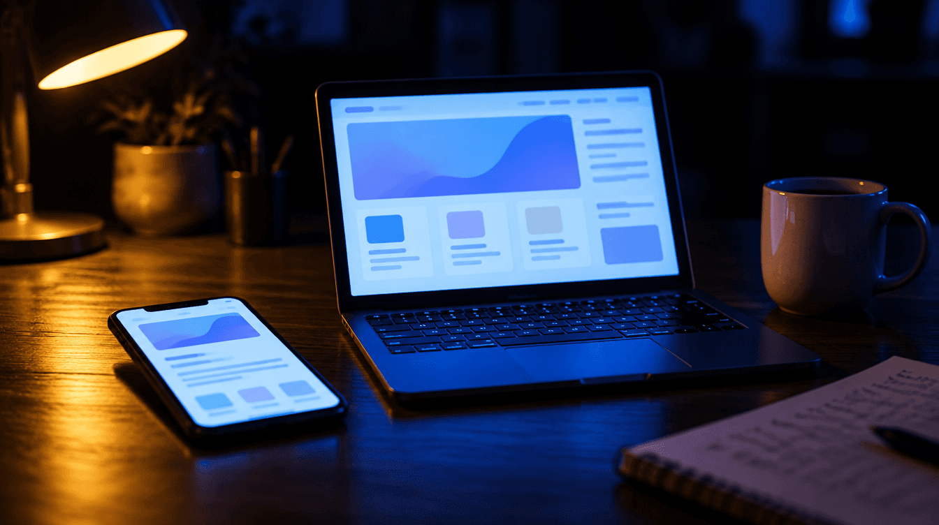 Un móvil y un portátil con el diseño de una web en pantalla sobre un escritorio oscuro, iluminados con luz azul y una lámpara amarilla.