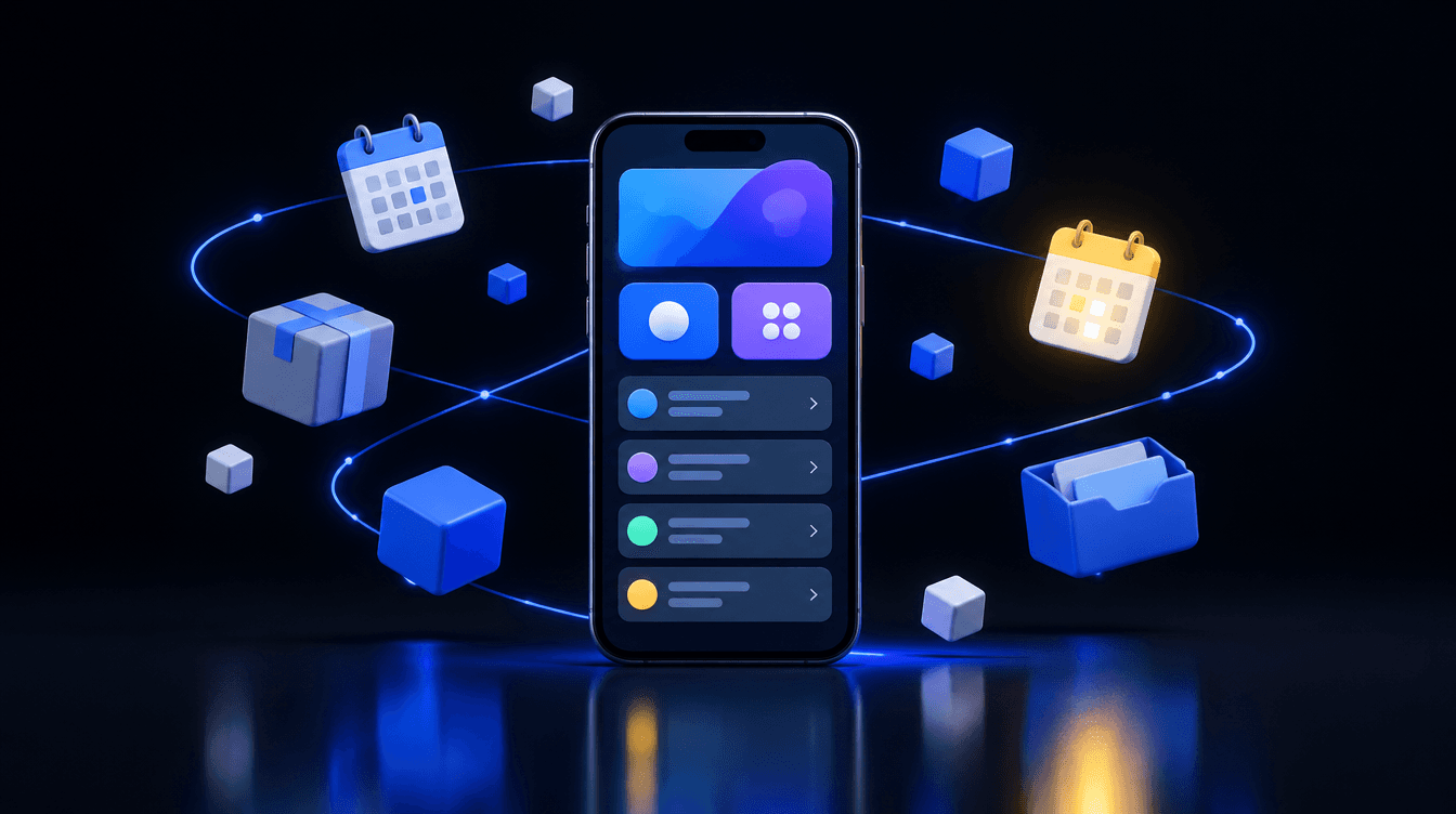 Un móvil con una app sencilla en pantalla, rodeado de cajas y casillas de calendario flotantes unidas por líneas de luz azul.