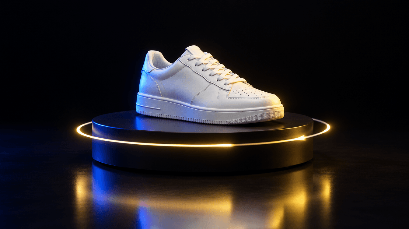 Una zapatilla blanca sin marca sobre una plataforma giratoria rodeada de un círculo de luz, en un estudio oscuro con luz azul y amarilla.