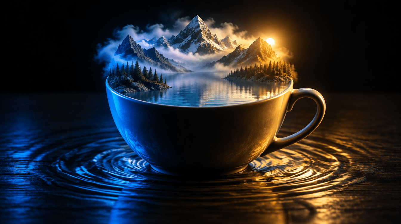 Una taza de café cuyo contenido se transforma en un pequeño lago de montaña, con luz azul a un lado y amarilla al otro.