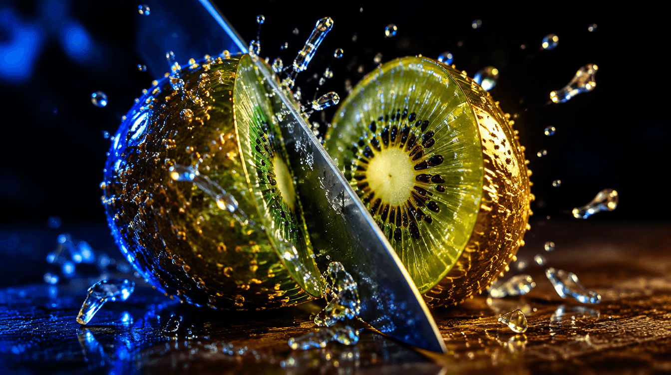 Primerísimo plano de un cuchillo cortando un kiwi que parece de cristal, con gotas suspendidas y luz azul y amarilla.